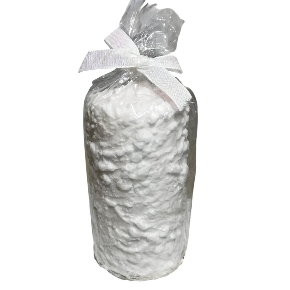 Snow Textured Pillar Candle Glitter Finish White Ribbon Wrap 6" Winter Christmas